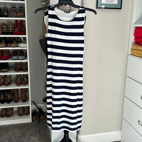 Blue and white striped cotton dress midi - Picture 1 of 3